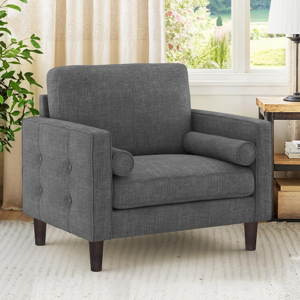 LUE BONA Loyo Mid Century Gray Chenille Fabric Upholstered Accent Chair Solid Wood Frame Button Tufted Armchair