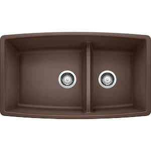 Performa SILGRANIT Brown Granite Composite 33 in. Double Bowl Undermount Kitchen Sink with Low Divide