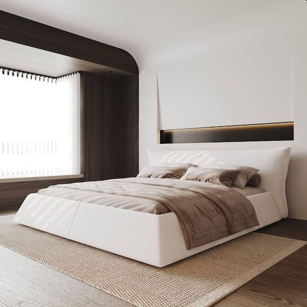 Declan Beige Wood Frame King Size Platform Bed with Special Shaped Velvet Upholstered Headboard, Cream