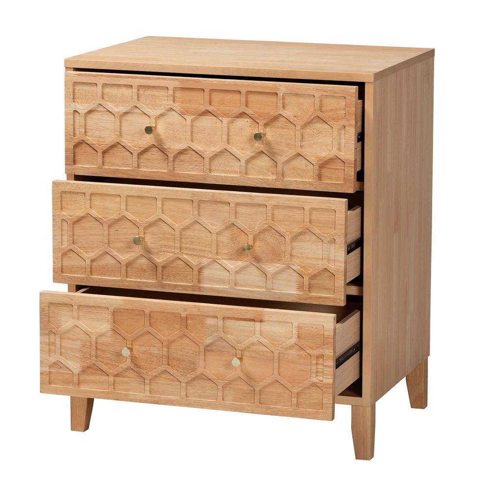 Natural Wood Honeycomb Carved 3-Drawer Chest