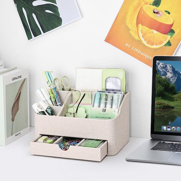Multifunctional Beige Desk Organizer with Drawer, 9. 5inx6in
