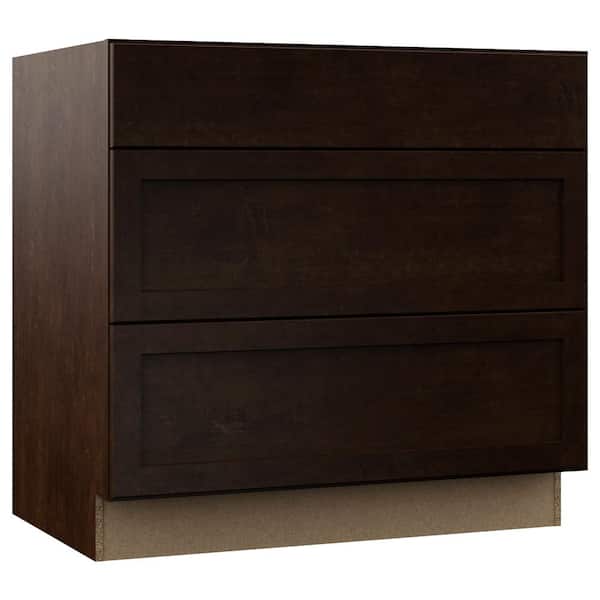 Hampton Bay Shaker 36 in. W x 24 in. D x 34.5 in. H Assembled Drawer Base Kitchen Cabinet in Java with Full Extension Glides