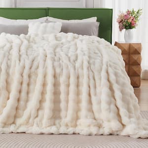 GHOUSE ILTB Beige Faux Rabbit Fur 60 in. x 80 in. Furry Soft Throw