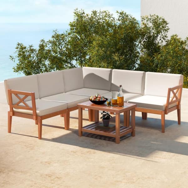 ANGELES HOME 6-Piece Wood Outdoor Patio Conversation Sofa Set with Beige Cushions