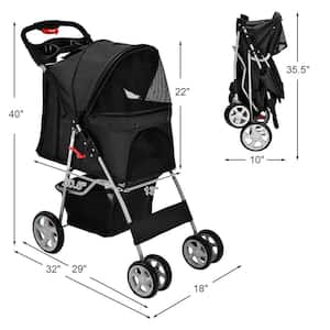 Foldable Pet Carrier 4-Wheel Pet Stroller in Black with Adjustable Canopy and Storage Basket