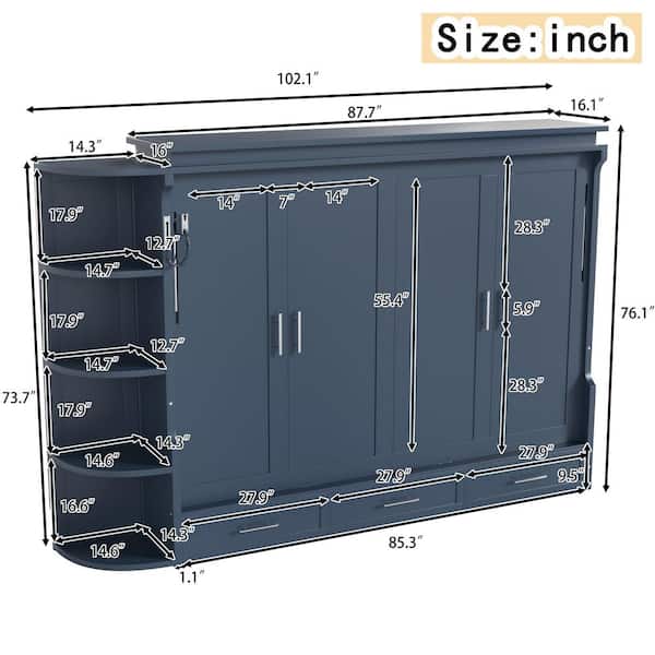 Noble House Bosco Blue Wood Frame Queen Size Murphy Bed with Shelf