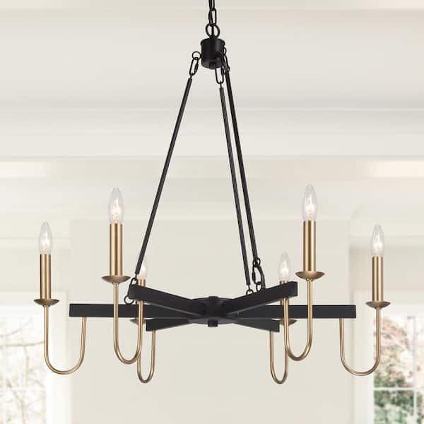 LNC 6-Light Black Modern Dining Kitchen Island Chandelier with Gold Candlestick Holders
