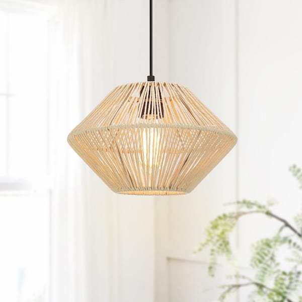 Prime Ray Indigo 13 in. 1-Light Bohemian Adjustable Twisted Rope Woven Pendant Light with Black Canopy