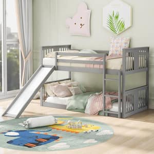 Gray Wood Frame Twin over Twin Bunk Bed with Slide and Built-in Ladder