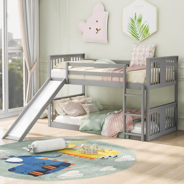 Harper & Bright Designs Gray Wood Frame Twin over Twin Bunk Bed with Slide and Built-in Ladder