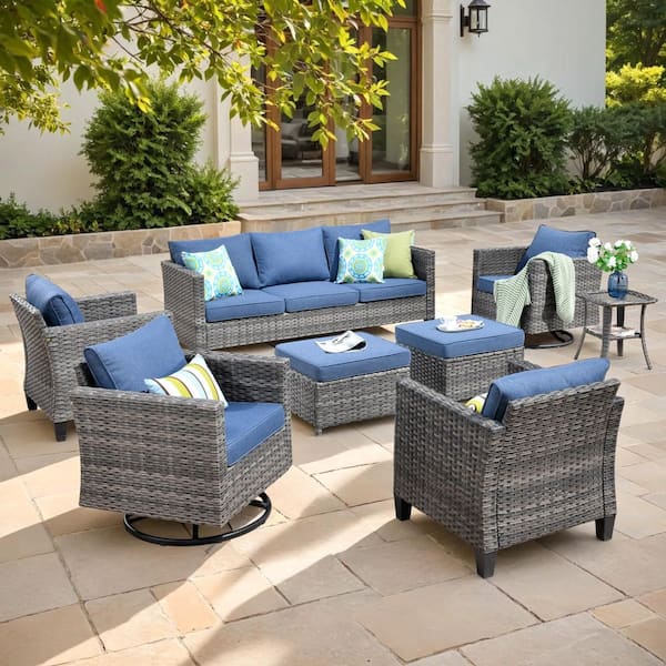 Camden 8-Piece Wicker Patio Furniture Outdoor Patio Conversation Set with Denim Blue Cushion, Swivel Chair and Ottoman