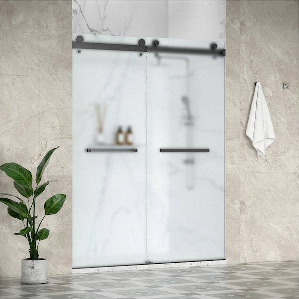 SolaAE 56-60 in. W x 76 in. H Double Sliding Frameless Shower Door in Matte Black with 3/8 in. Obscure Glass
