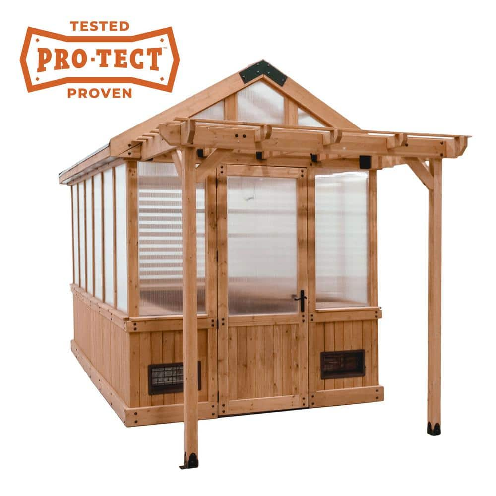 Bellerose 12 ft x 8 ft x 9 ft 8 in All Cedar Wooden Traditional Greenhouse with Pergola and Temperature Activated Fan -  Backyard Discovery, 2304109COM