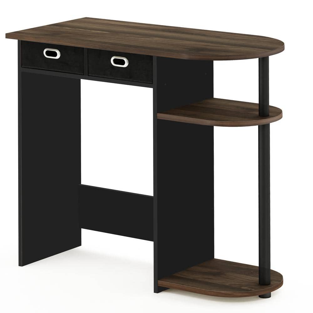 Compact Columbia Walnut and Black Wood Computer Desk with Dual Drawers