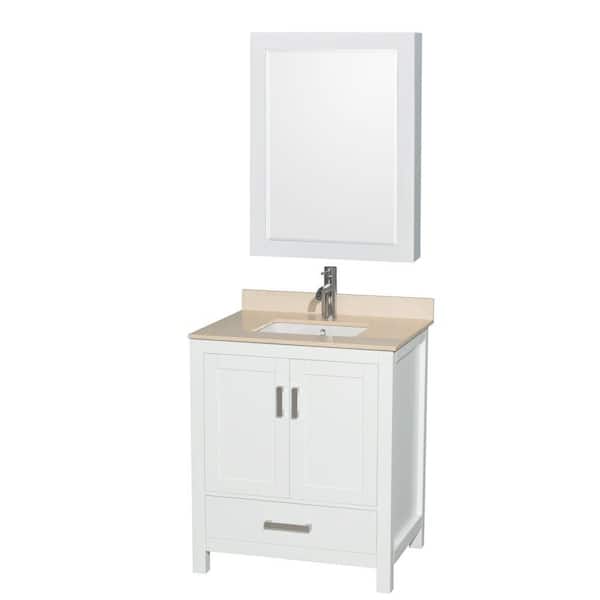 Wyndham Collection Sheffield 30 in. W x 22 in. D Vanity in White with Marble Vanity Top in Ivory with White Basin and Cabinet Mirror