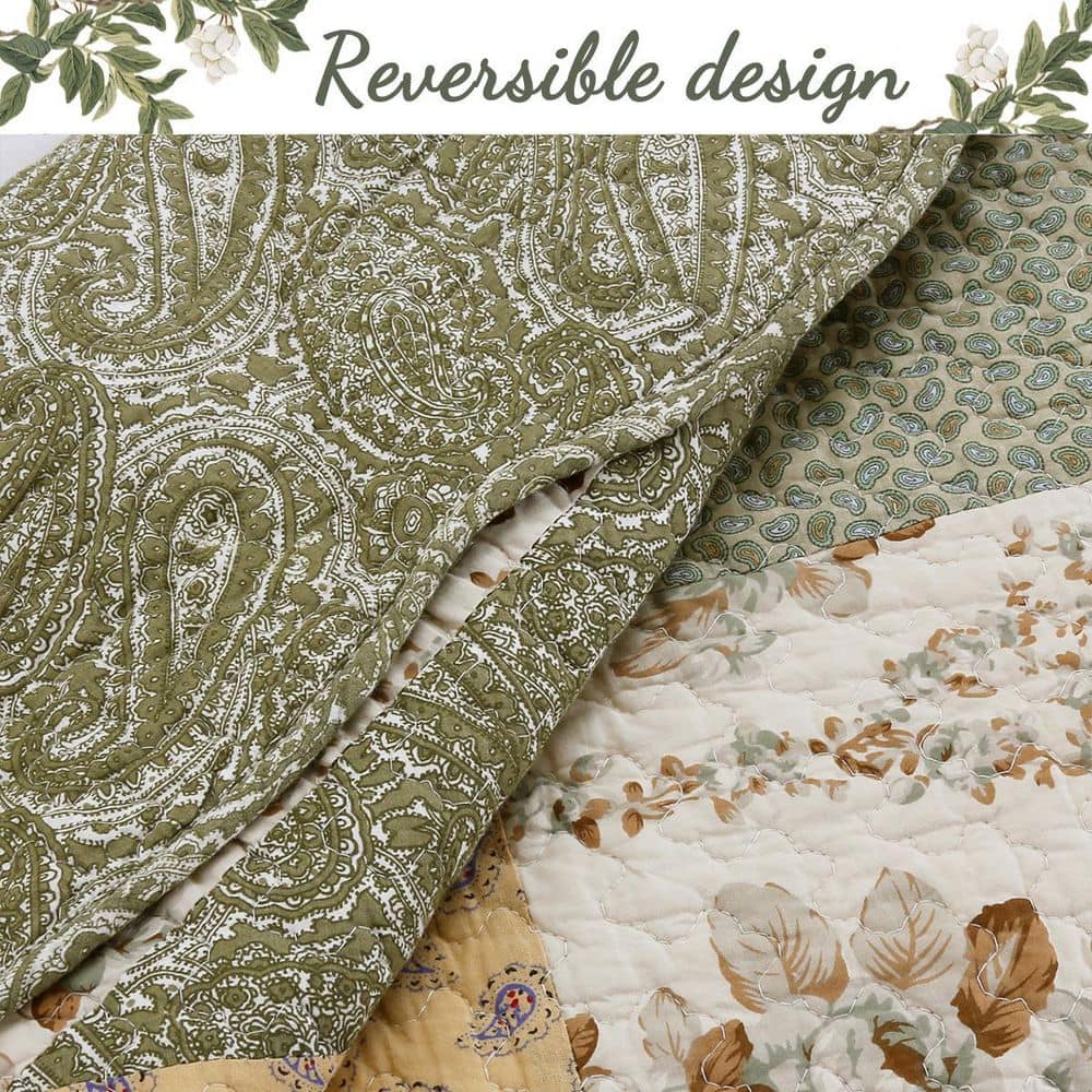 Olive Green and Beige Cotton Twin Reversible Quilt Set