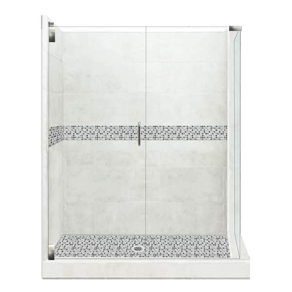 American Bath Factory Del Mar Grand Hinged 32 in. x 36 in. x 80 in. Left-Hand Corner Shower Kit in Natural Buff and Satin Nickel Hardware