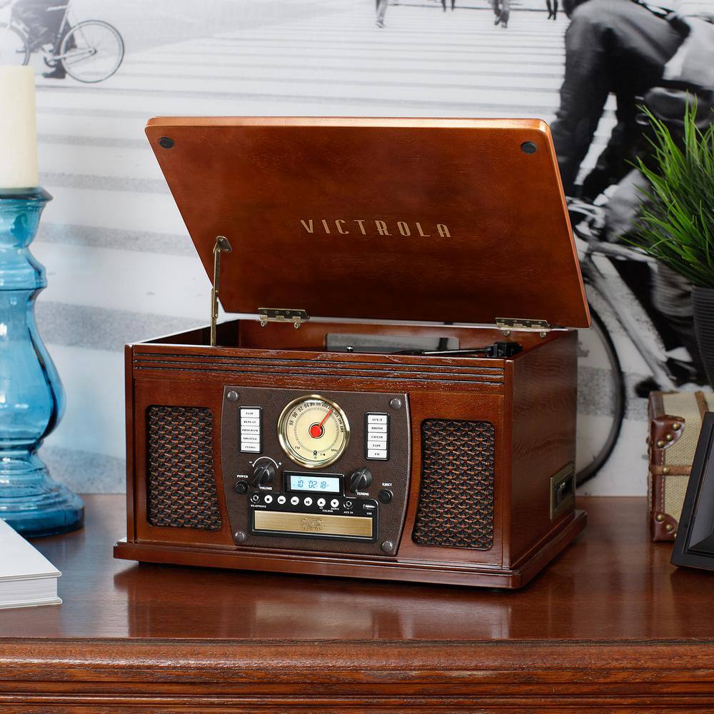 Espresso Wood 8-in-1 Bluetooth Record Player with Stereo Speakers