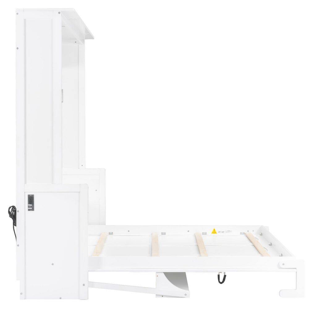 White Wood Frame Queen Murphy Bed with Desk, LED Lights and USB Charging Station - thumbnail 8