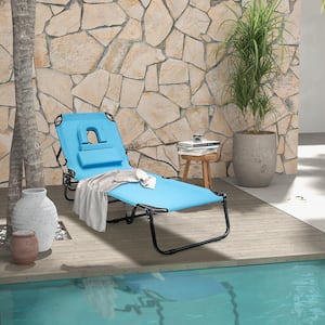Outdoor Metal Beach Chaise Lounge Chair with Face Hole Pillows and 5-Position Adjustable Backrest