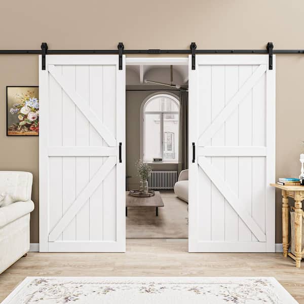 72 in. x 84 in. Paneled Off White Primed MDF British K Shape MDF Sliding Barn Door with Hardware Kit and Soft Close