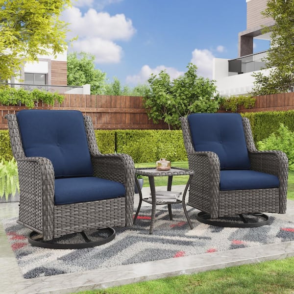 JOYSIDE 3-Piece Wicker Swivel Outdoor Rocking Chairs Patio Conversation Set with Blue Cushions