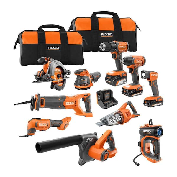 RIDGID 18V Cordless 10-Tool Combo Kit with (2) 2.0 Ah Battery, (1) 4.0 Ah Battery, Charger, and Bag