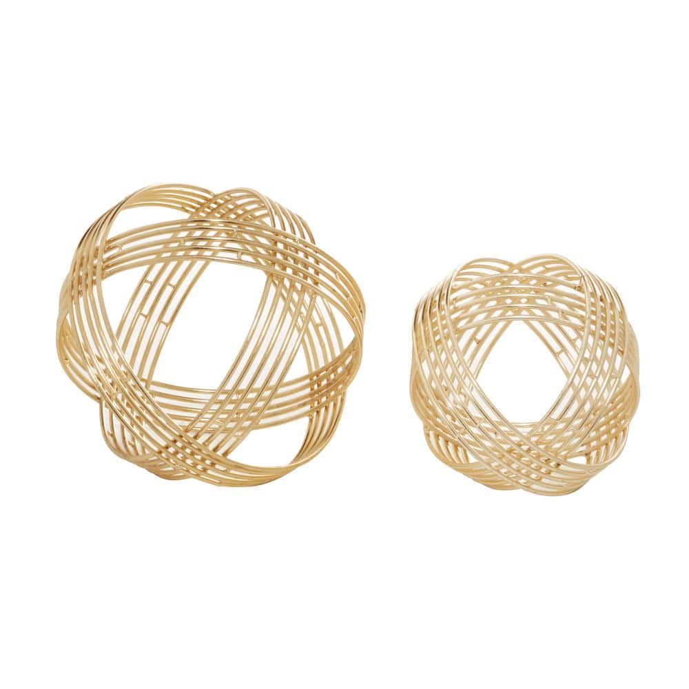 Elegant Gold Geometric Metal Orb Sculptures, Set of 2