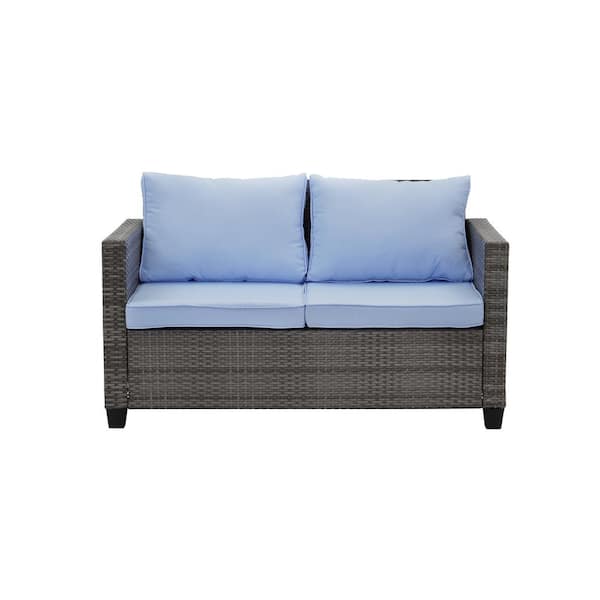 OVASTLKUY 2-Piece Blue Patio Outdoor Wicker Rattan Sofa Set Patio Conversation with Cushions