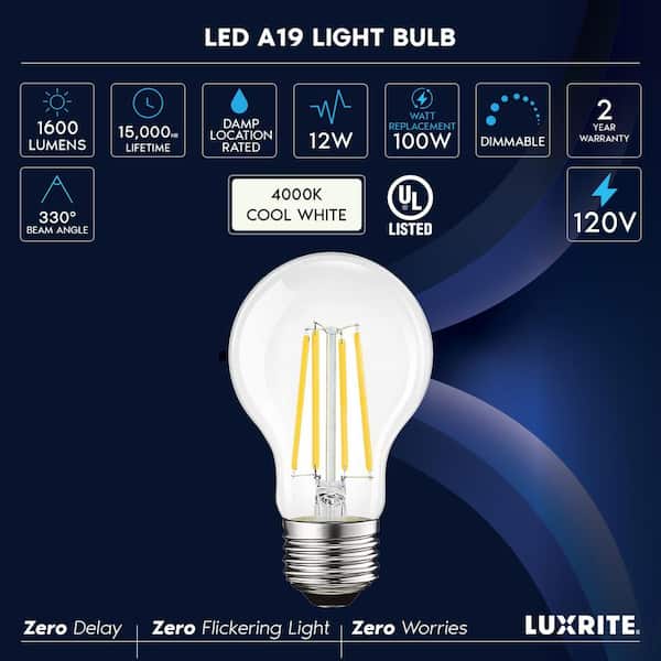 LUXRITE Equivalent A19 Lumens Dimmable E26 Edison LED Light Bulb 12-Watt Damp Rated UL Cool White (4-Pack) LR21662-4PK - The Home Depot
