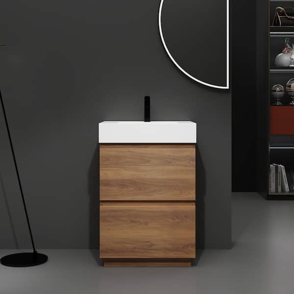 24 in. Single Sink Freestanding Brown Bath Vanity with White Resin Top, Double Drawer, Engineering Wood