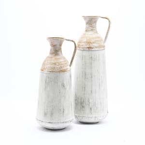 2-Piece Distressed Off White and Rustic Brown Metal Pitcher Vase Set