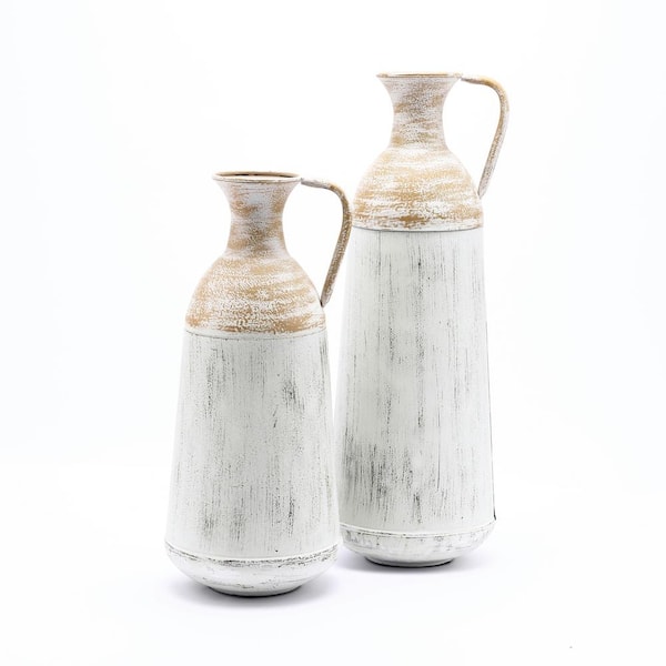 LuxenHome 2-Piece Distressed Off White and Rustic Brown Metal Pitcher Vase Set