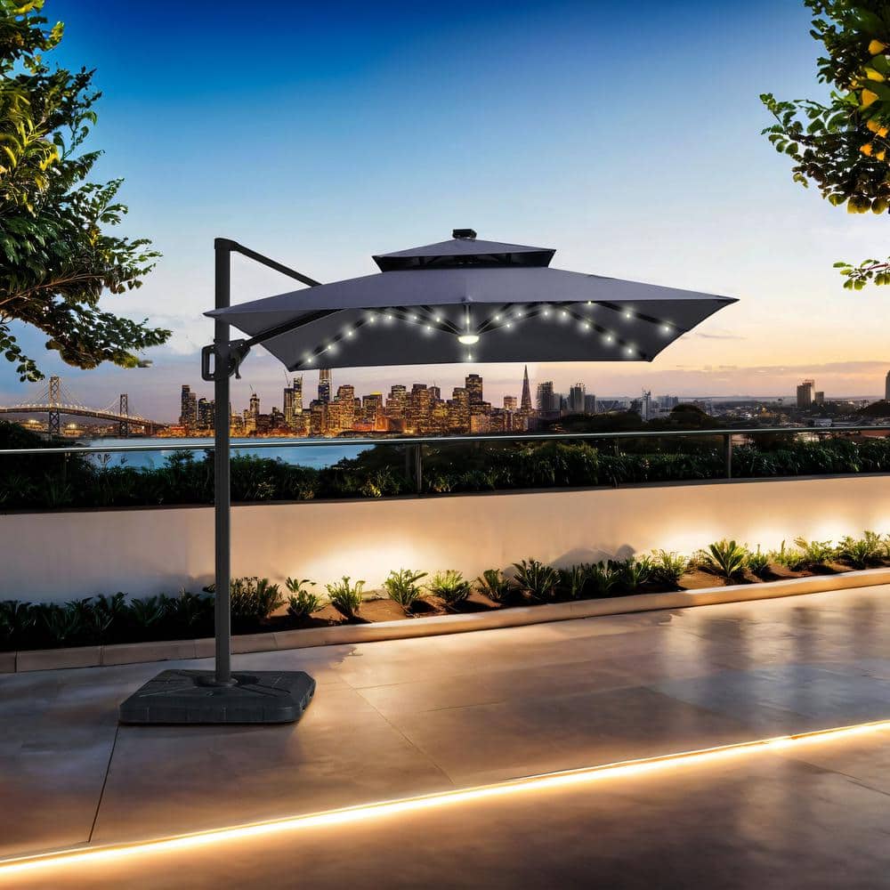Gray Aluminum 99" Square Cantilever Patio Umbrella with LED Lights