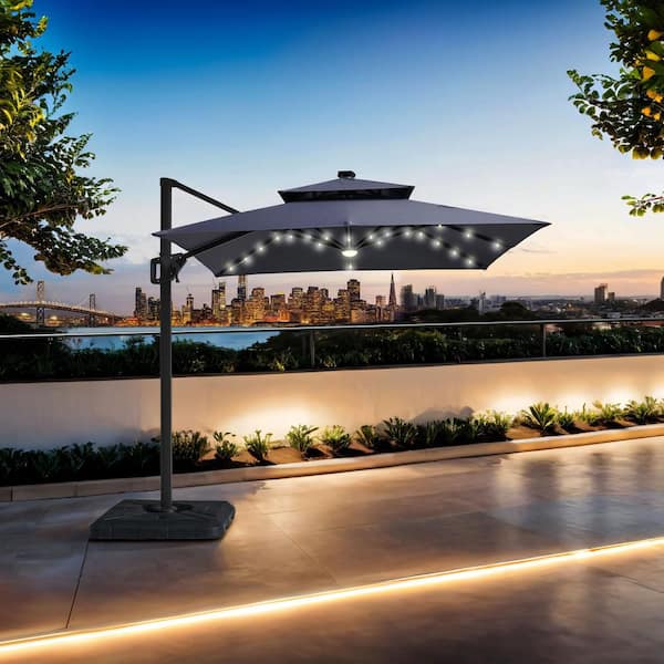 Yetta 8 ft. Aluminum Cantilever Crank Tilt and 360 Square Patio Umbrella and LED Lights in Gray