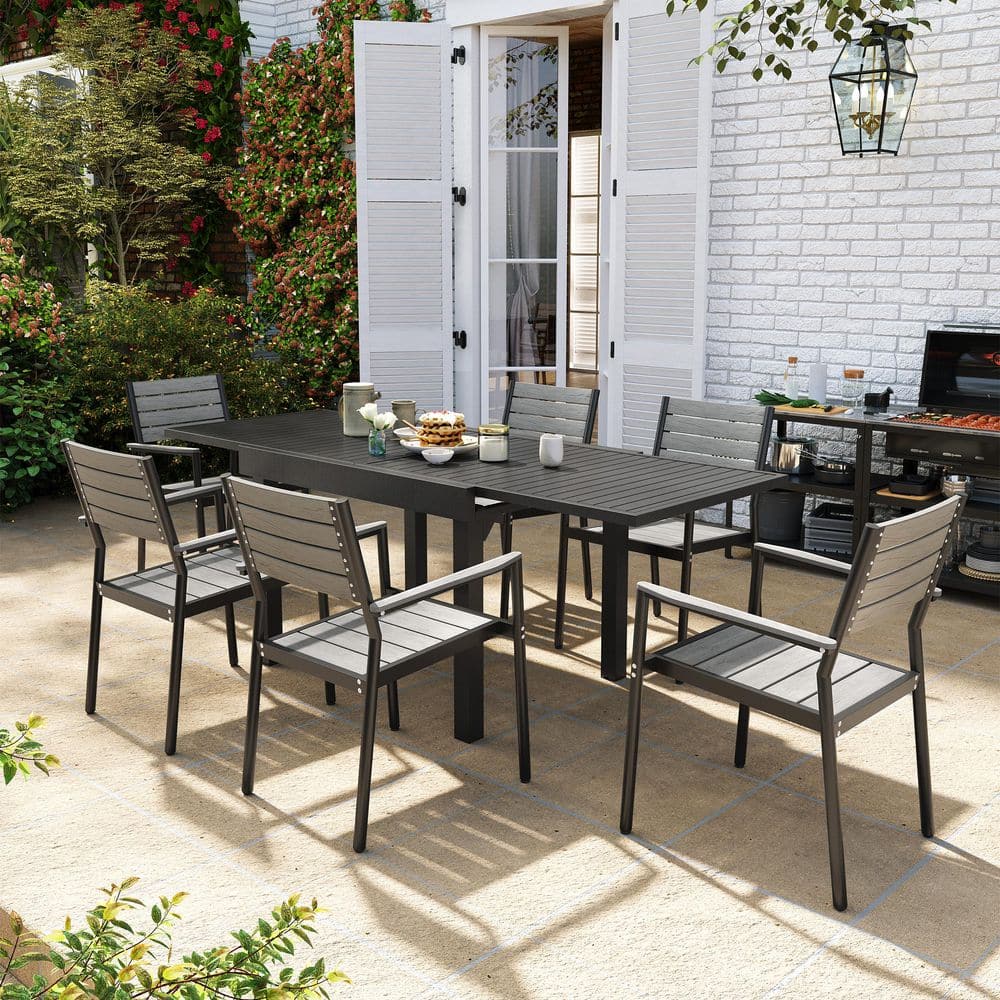 7-Piece Gray Aluminum Patio Outdoor Dining Set with Extension Rectangular Table and Wood-Like Stacking Arms Chairs price history on PriceWatchPro
