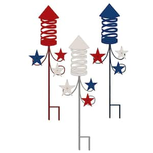 33 in. Metal Fourth of July Americana Rocket Fireworks Yard Stake (Set of 3)