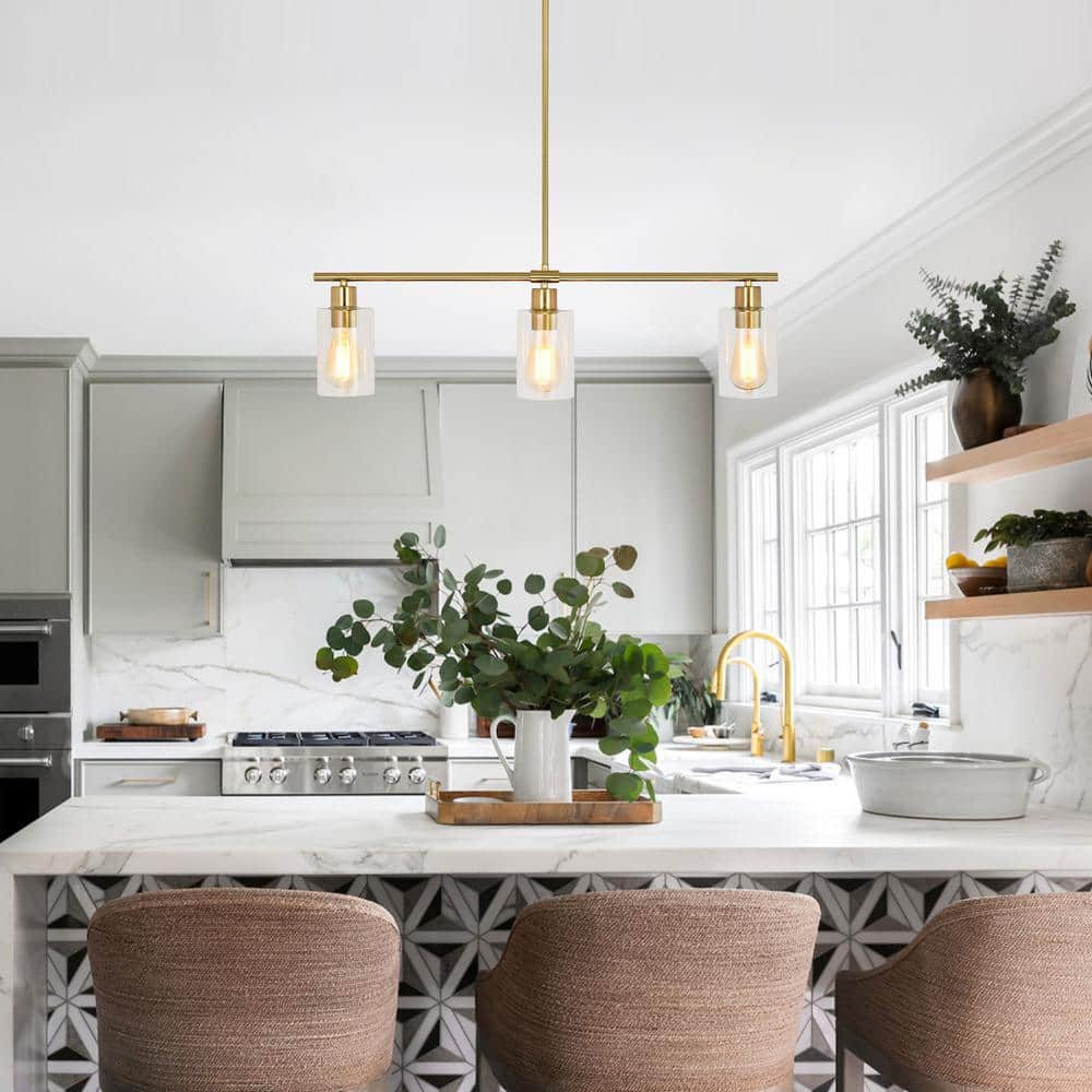 Gold Linear Pendant Light with Clear Glass Shades