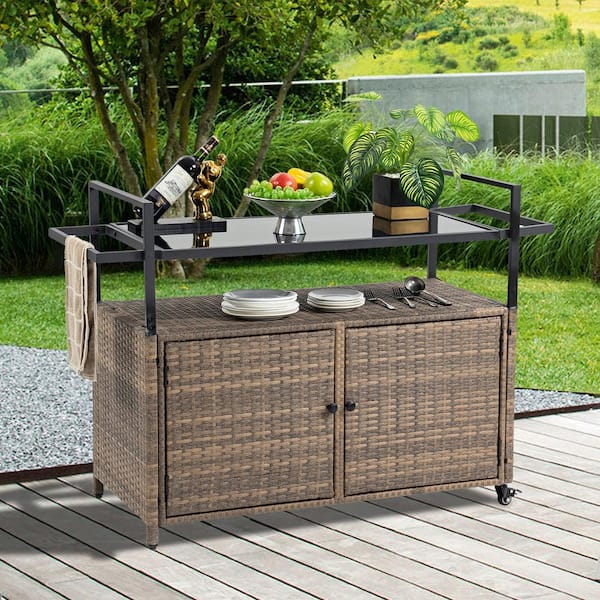 Wicker Patio Outdoor Bar in Light Brown