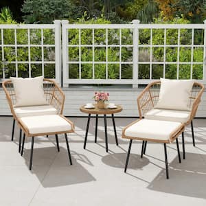 5-Piece Wicker Patio Outdoor Bistro Conversation Set, All-Weather with Footrest Ottomans Coffee Table Beige Cushions