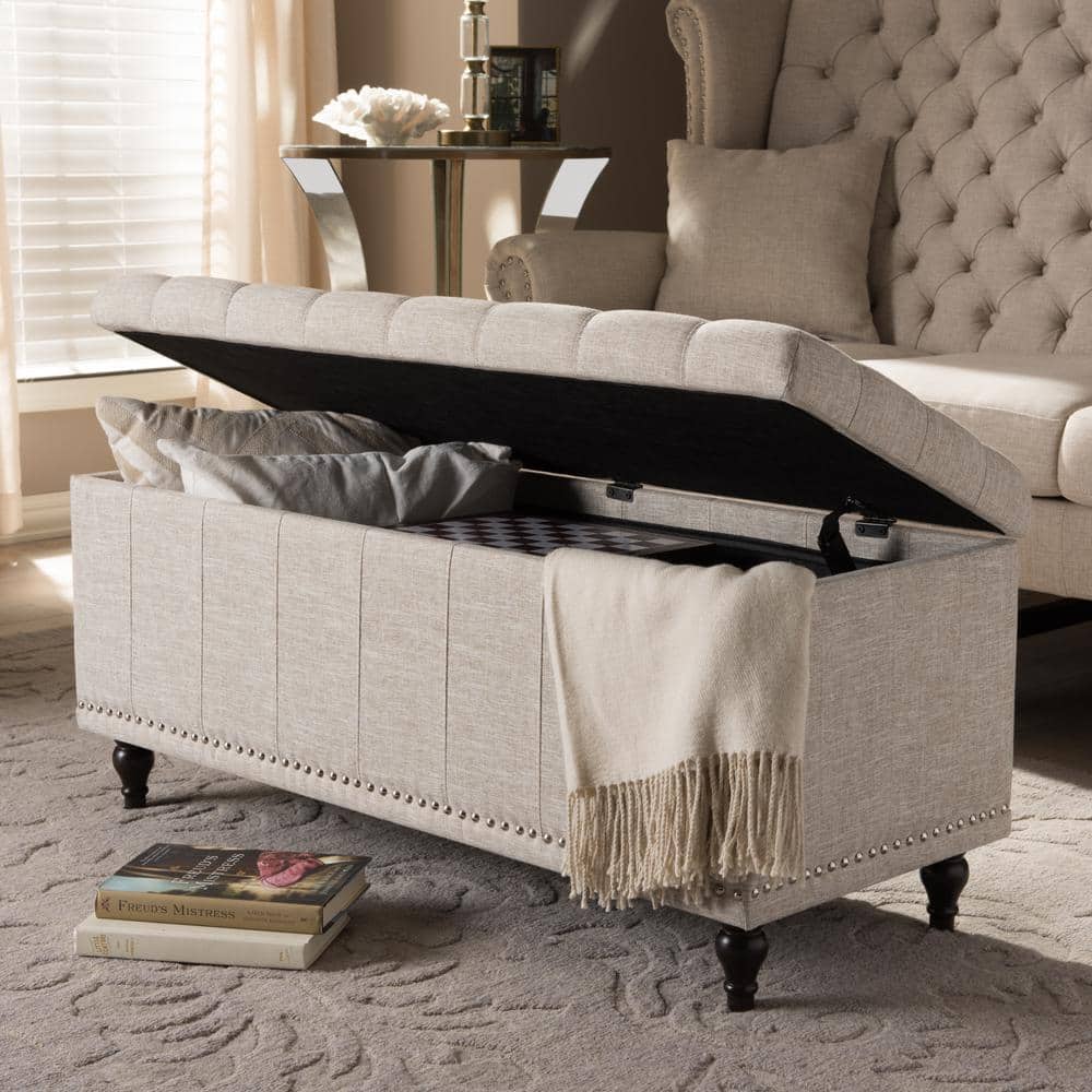 Kaylee Beige Button-Tufted Storage Ottoman Bench with Silver Nailheads