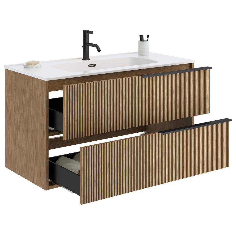 Kora 40" Medium Brown MDF Wall Mounted Vanity with White Ceramic Top