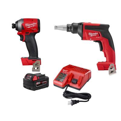 M18 FUEL 18-Volt Lithium-Ion Brushless Cordless 1/4 in. Hex Impact Driver and Drywall Screw Gun with 1 Battery & Charger
