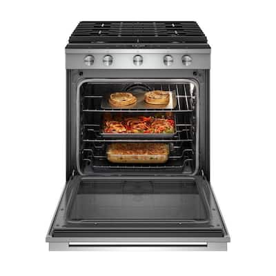 5.8 cu. ft. Smart Contemporary Handle Slide-in Gas Range with EZ-2-LIFT Hinged Cast-iron Grates in Stainless Steel