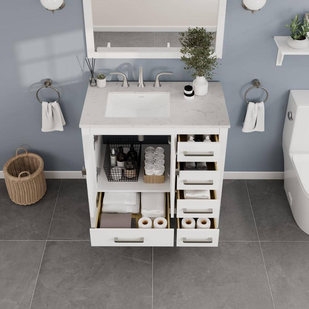 Aberdeen 36" White Solid Wood Bathroom Vanity with Quartz Top