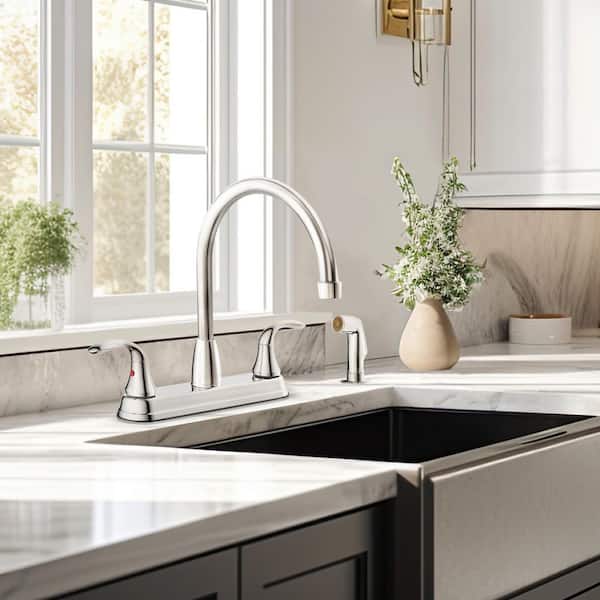 Double Lever Handle Deck Mount Gooseneck Kitchen Faucet with Sprayer in Chrome