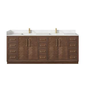 Jakarta 84 in. W. x 22 in. D x 33.9 in. H Double Bath Vanity in Aged Dark Brown Oak with Silk White Quartz Stone Top