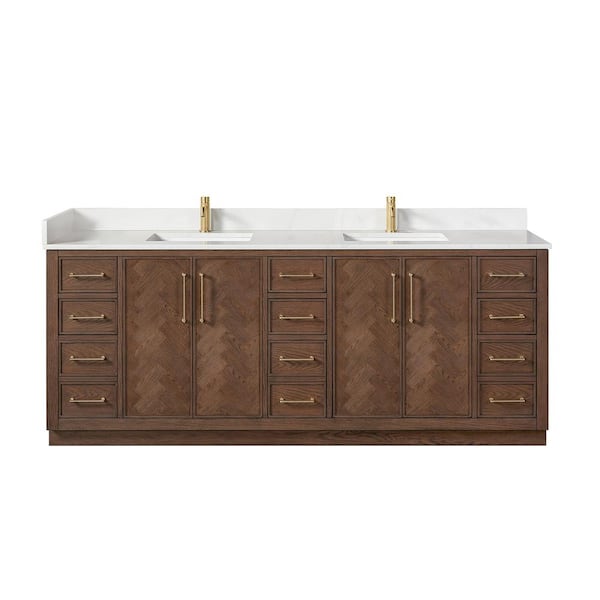 Jakarta 84 in. W. x 22 in. D x 33.9 in. H Double Bath Vanity in Aged Dark Brown Oak with Silk White Quartz Stone Top