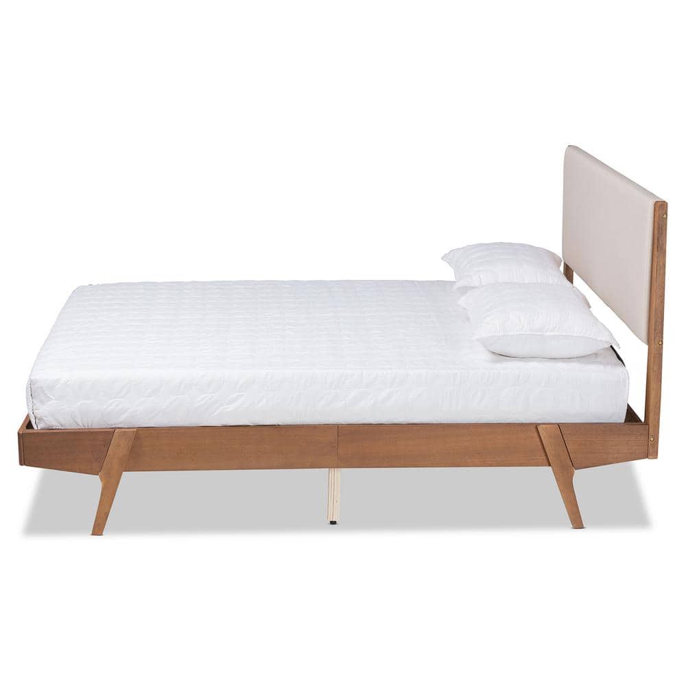 Beige Upholstered Queen Bed with Walnut Wood Frame