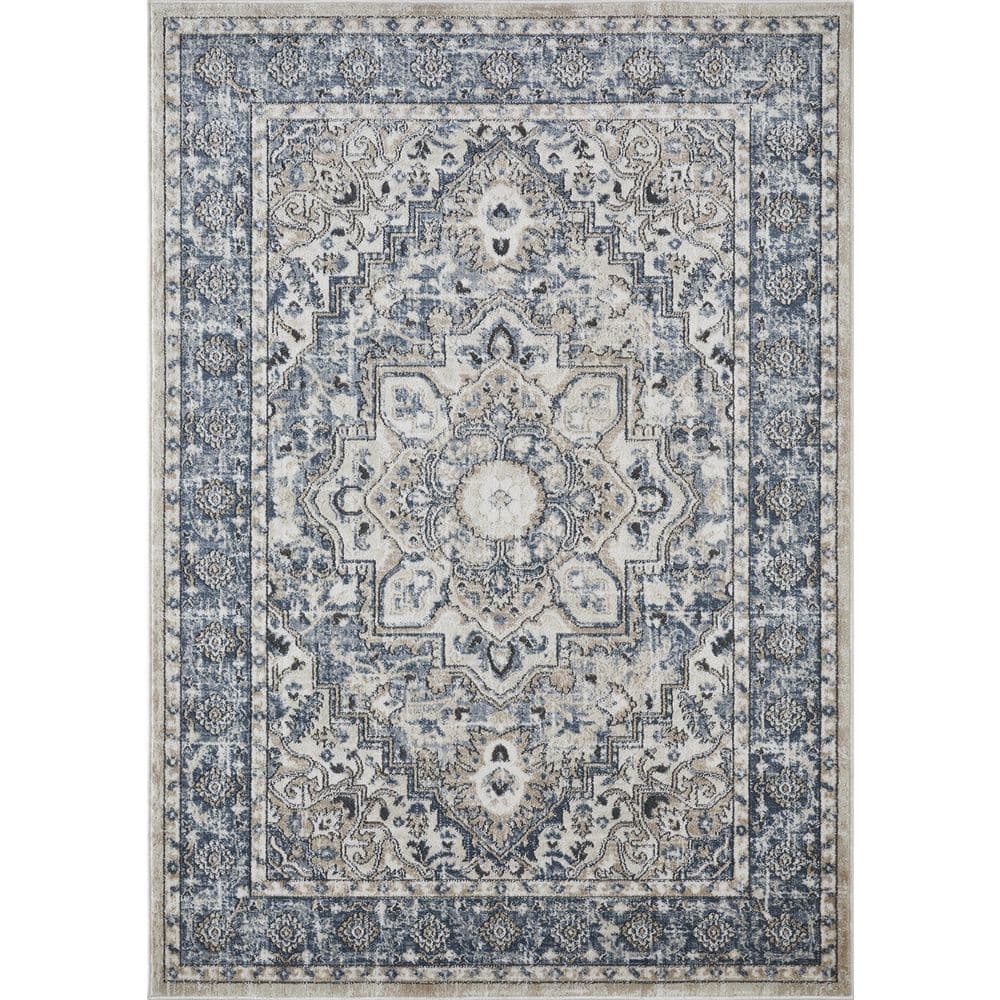 Blue and Beige Floral Medium Pile Synthetic Area Rug